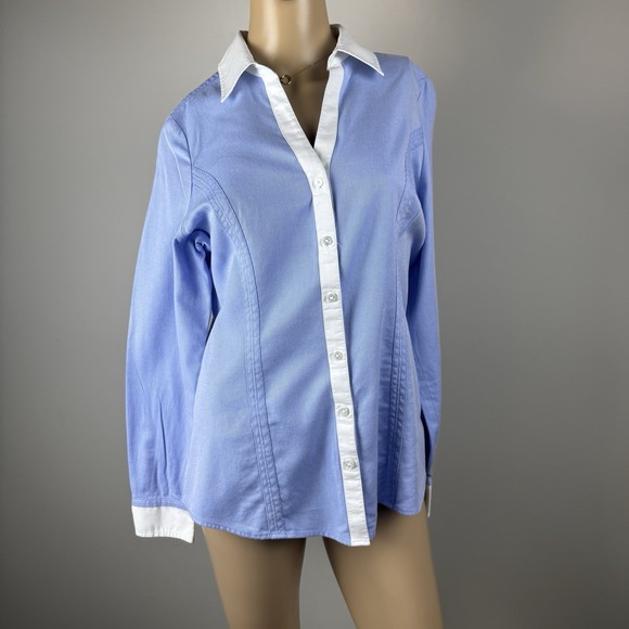 EXPRESS DESIGN STUDIO DRESS SHIRT WOMEN'S Sz M BUTTON-UP Blue With White Collar - Picture 2 of 16